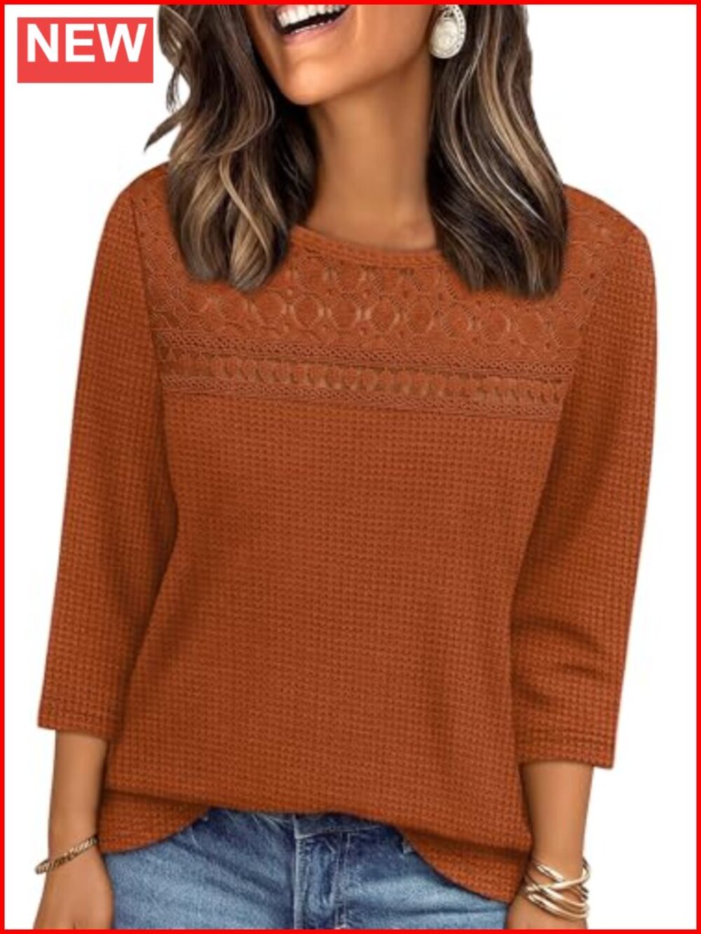 OFEEFAN Womens 3/4 Sleeve Waffle Knit Lace Blouse Dressy Casual Top